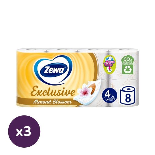 Zewa Exclusive Almond Blossom toalettpapír 4 rétegű (3x8 tekercs) + ajándék nedves wc-papír