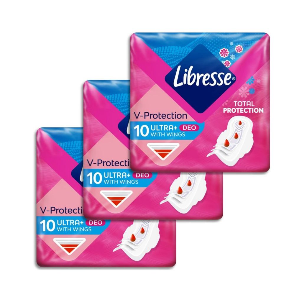 Libresse Ultra+ Deo Freshness & Protection enyhén illatosított szárnyas egészségügyi betét (3x10 db)