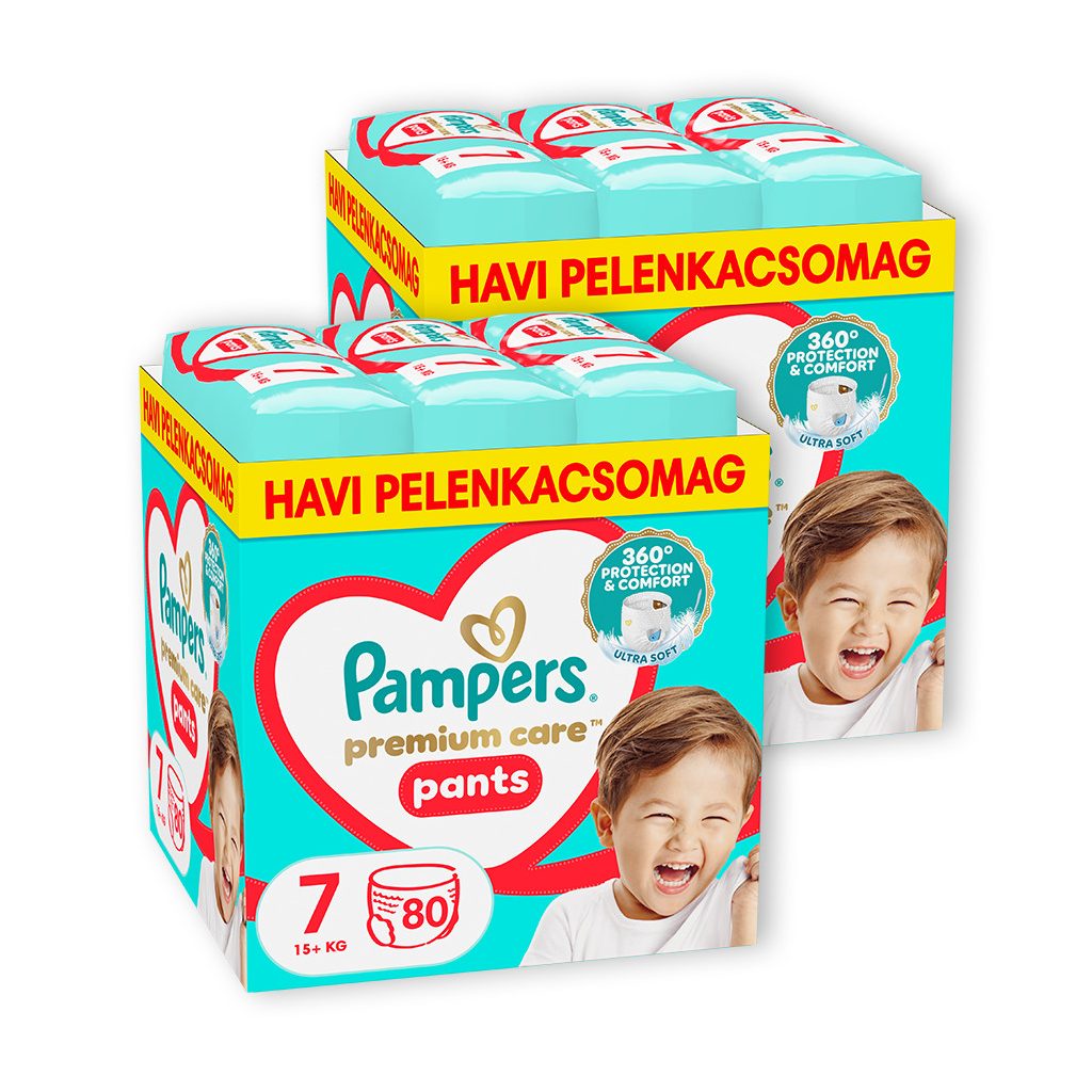 INGYENES SZÁLLÍTÁS - Pampers Premium Care Pants bugyipelenka 7, 15+ kg HAVI PELENKACSOMAG 160 db + ajándék Harmonie törlőkendő
