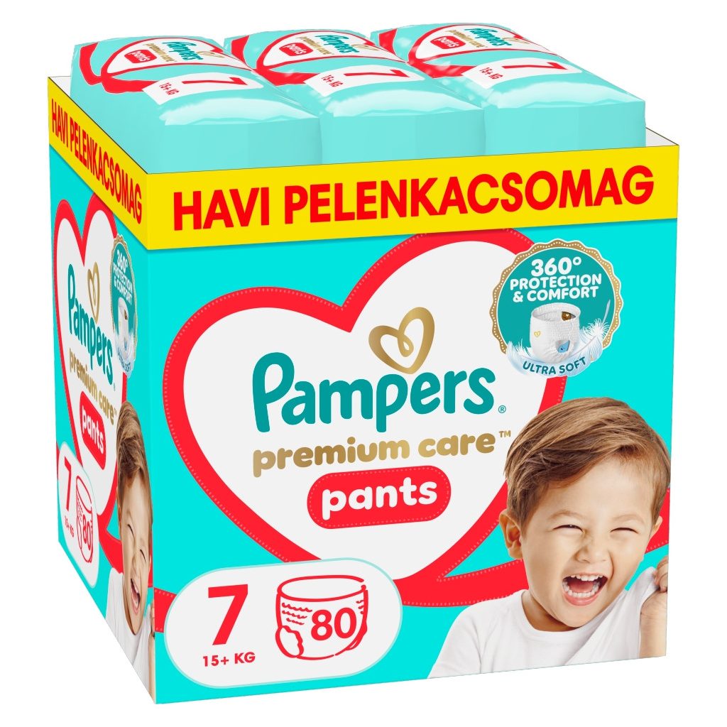 INGYENES SZÁLLÍTÁS - Pampers Premium Care Pants bugyipelenka 7, 15+ kg HAVI PELENKACSOMAG 160 db + ajándék Harmonie törlőkendő