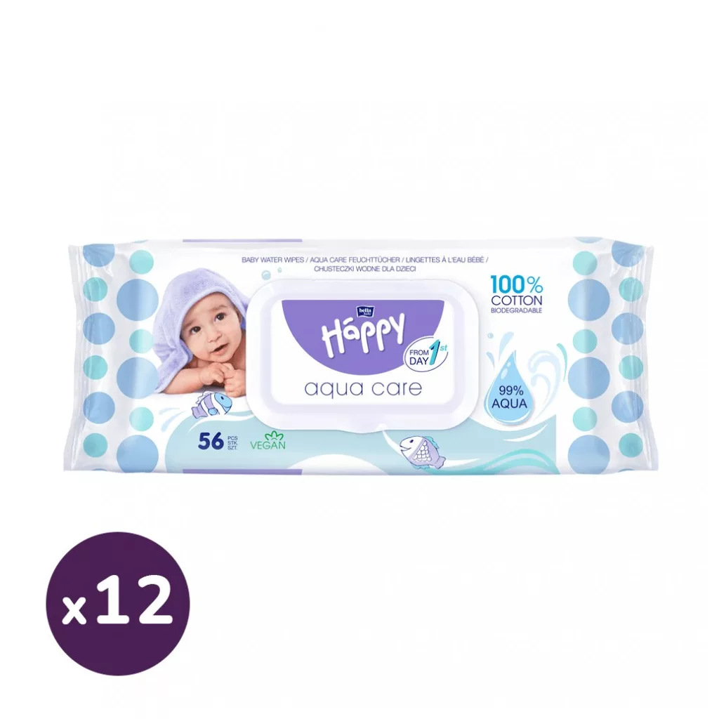 Bella Happy Aqua Care vízalapú nedves törlőkendő 12x56 db