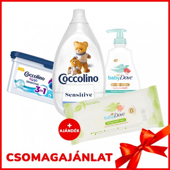 Coccolino Sensitive csomag Care mosókapszulával, Baby Dove fürdetővel + AJÁNDÉK Baby Dove törlőkendővel