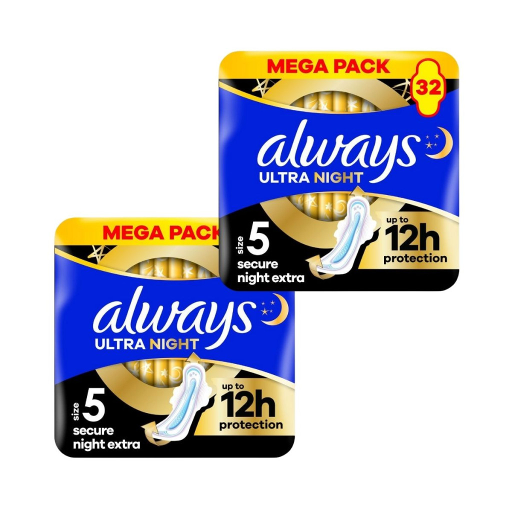 Always Ultra Secure Night Extra egészségügyi szárnyas betét, 5-ös méret (64 db)