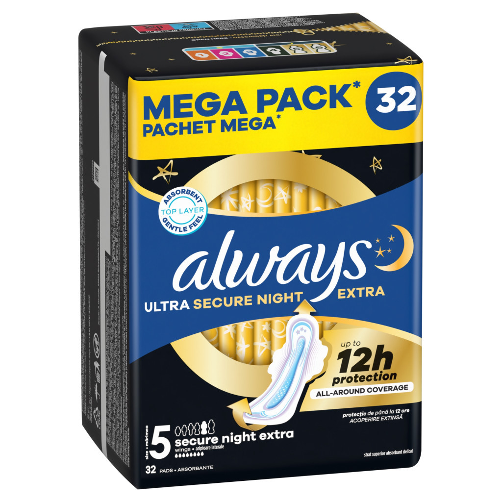 Always Ultra Secure Night Extra egészségügyi szárnyas betét, 5-ös méret (64 db)