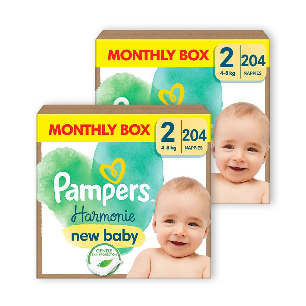 INGYENES SZÁLLÍTÁS - Pampers Harmonie pelenka 2, 4-8 kg, HAVI PELENKACSOMAG 408 db + ajándék New Baby törlőkendő