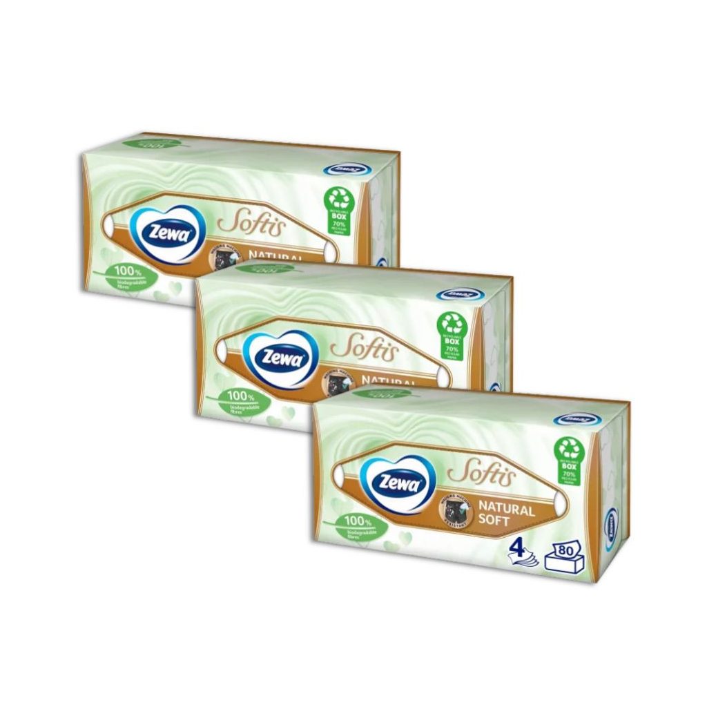 Zewa Softis Natural Soft 4 rétegű illatmentes dobozos papírzsebkendő (3x80 db)