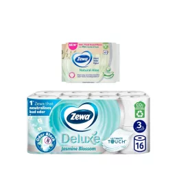   Zewa Deluxe Jasmine Blossom toalettpapír 3 rétegű (16 tekercs) + Zewa Aloe Vera nedves toalettpapír (42 db)