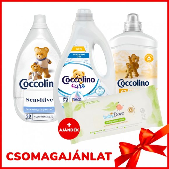 Coccolino Sensitive csomag Care mosógéllel, Sensitive öblítővel + AJÁNDÉK Baby Dove törlőkendővel