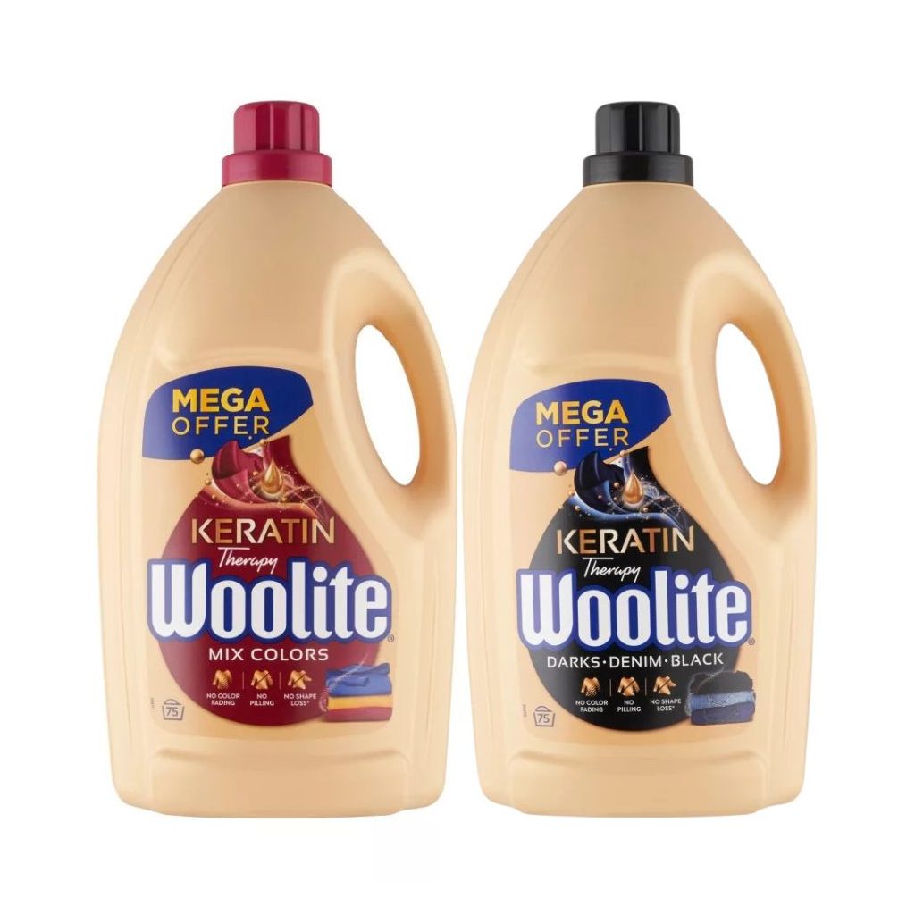 INGYENES  SZÁLLÍTÁS - Woolite Keratin Therapy mosószer csomag színes és sötét ruhákhoz 2x4,5 liter (150 mosás)