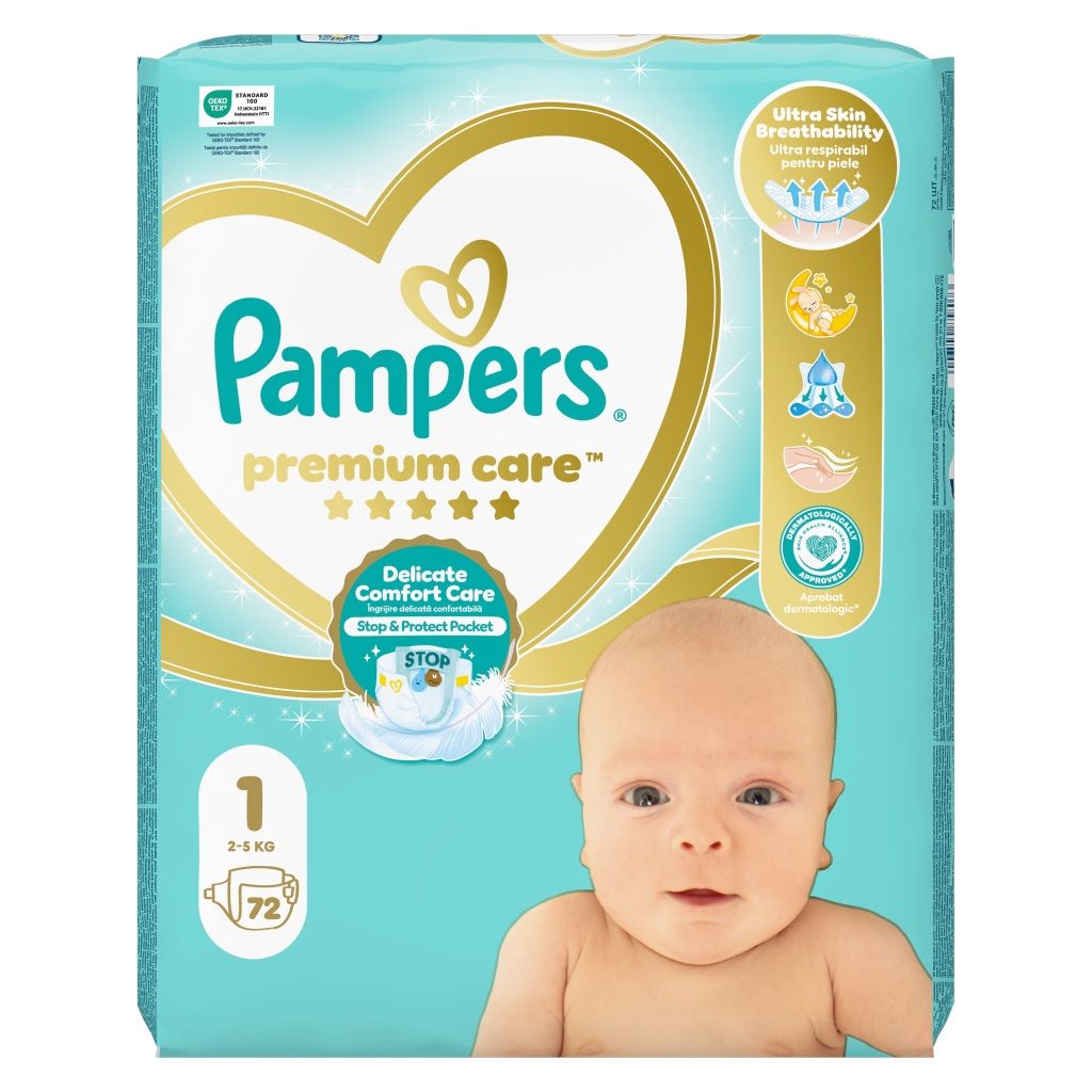 Pampers Premium Care pelenka, Újszülött 1, 2-5 kg, HAVI PELENKACSOMAG 144 db + ajándék Baba az autóban matrica