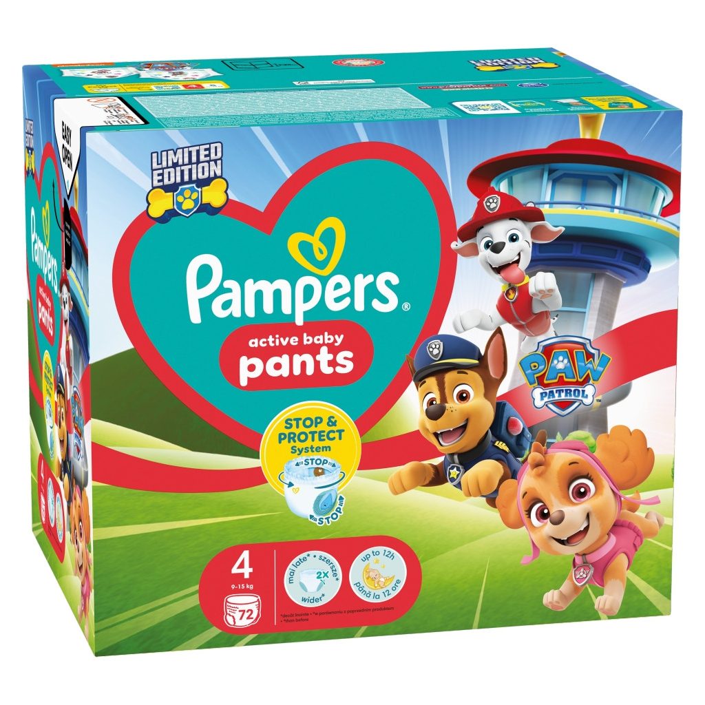 Pampers Active Baby Pants Mancs Őrjárat bugyipelenka 4, 9-15 kg, HAVI PELENKACSOMAG 1+1, 144 db