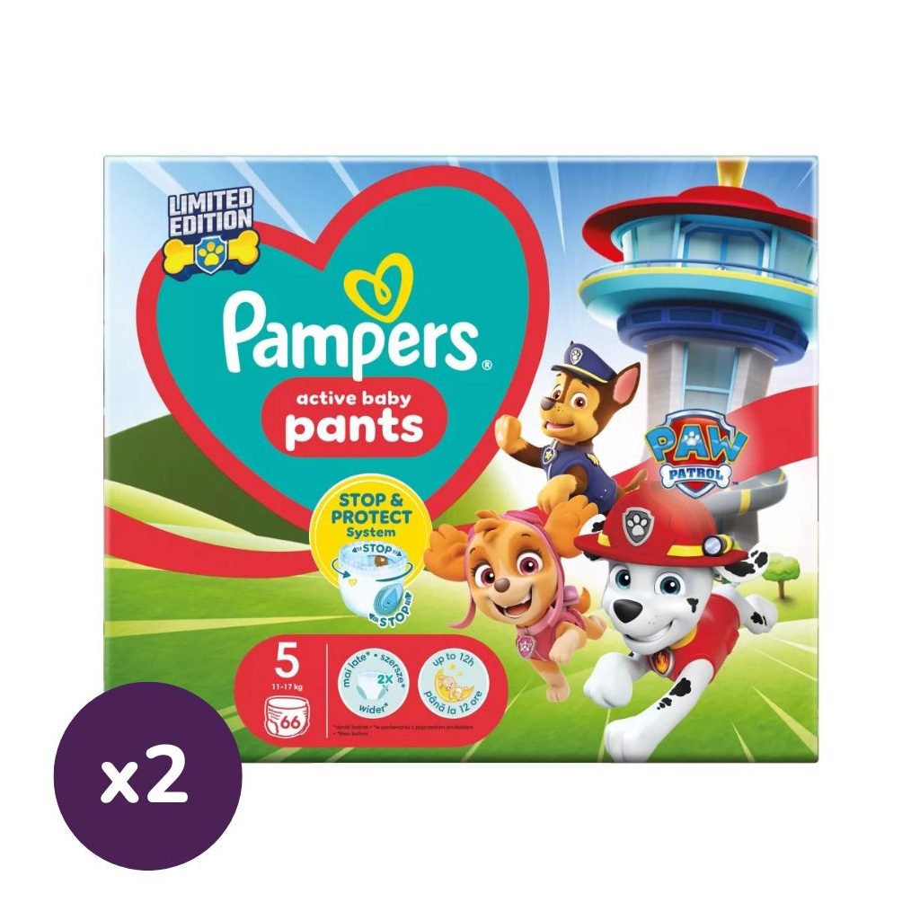 Pampers Active Baby Pants Mancs Őrjárat bugyipelenka 5, 11-17 kg, HAVI PELENKACSOMAG 1+1, 132 db
