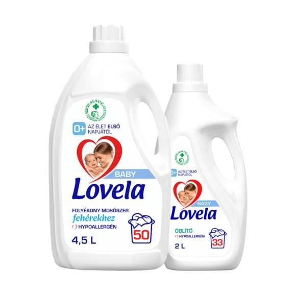 INGYENES SZÁLLÍTÁS - Lovela Baby folyékony mosószer fehér ruhákhoz 4,5 liter + Lovela Baby öblítő 2 liter