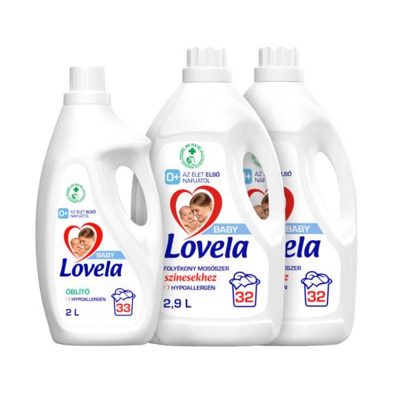 INGYENES SZÁLLÍTÁS - Lovela Baby folyékony mosószer csomag: Lovela Baby mosószer fehér ruhákhoz 2,9 liter + Lovela Baby mosószer színes ruhákhoz 2,9 liter + Lovela Baby öblítő 2 liter