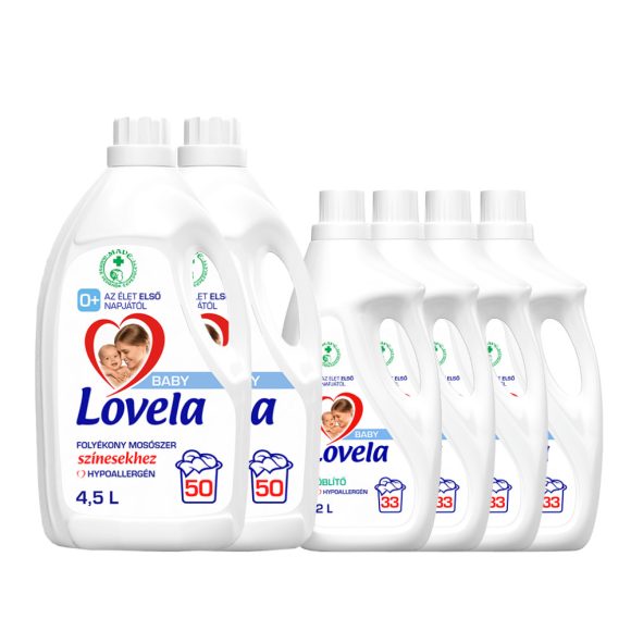 INGYENES SZÁLLÍTÁS - Lovela Baby nagy folyékony mosószer csomag: Lovela Baby mosószer színes ruhákhoz 2x4,5 liter + Lovela Baby öblítő 4x2 liter
