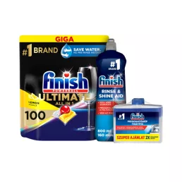   Finish Ultimate mosogatógép kapszula csomag 100 kapszulával, öblítővel és tisztítófolyadékkal