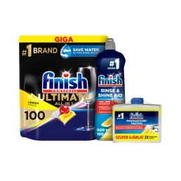   INGYENES SZÁLLÍTÁS - Finish Ultimate mosogatógép kapszula citromos csomag 100 kapszulával, öblítővel és tisztítófolyadékkal