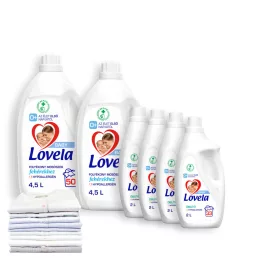   Lovela Baby nagy folyékony mosószer csomag: Lovela Baby mosószer fehér ruhákhoz 2x4,5 liter + Lovela Baby öblítő 4x2 liter