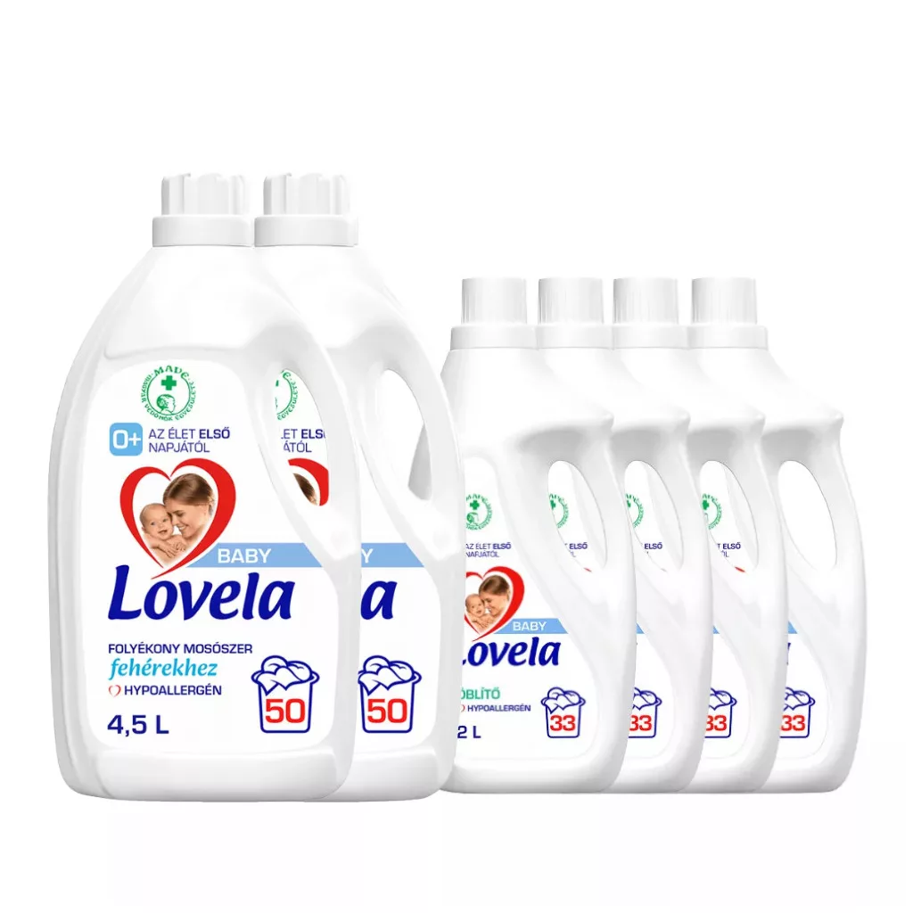 INGYENES SZÁLLÍTÁS - Lovela Baby nagy folyékony mosószer csomag: Lovela Baby mosószer fehér ruhákhoz 2x4,5 liter + Lovela Baby öblítő 4x2 liter