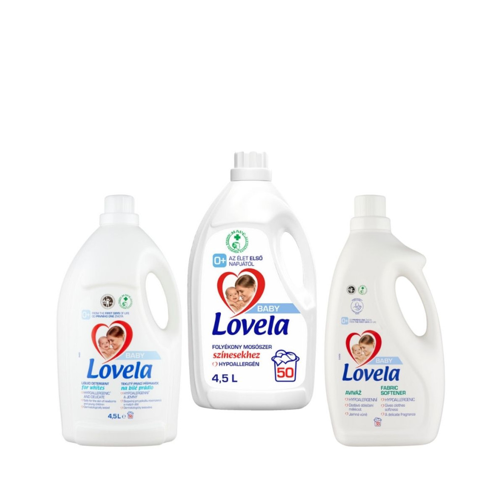 Lovela Baby folyékony mosószer színes és fehér ruhákhoz 2x4,5l + Lovela Baby öblítő 2l