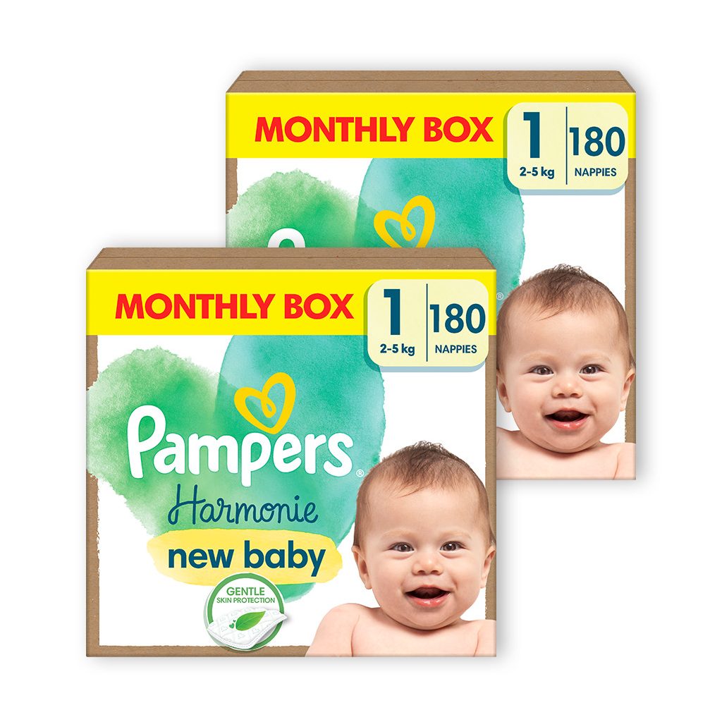 INGYENES SZÁLLÍTÁS - Pampers Harmonie pelenka 1, 2-5 kg, HAVI PELENKACSOMAG 360 db + ajándék New Baby törlőkendő