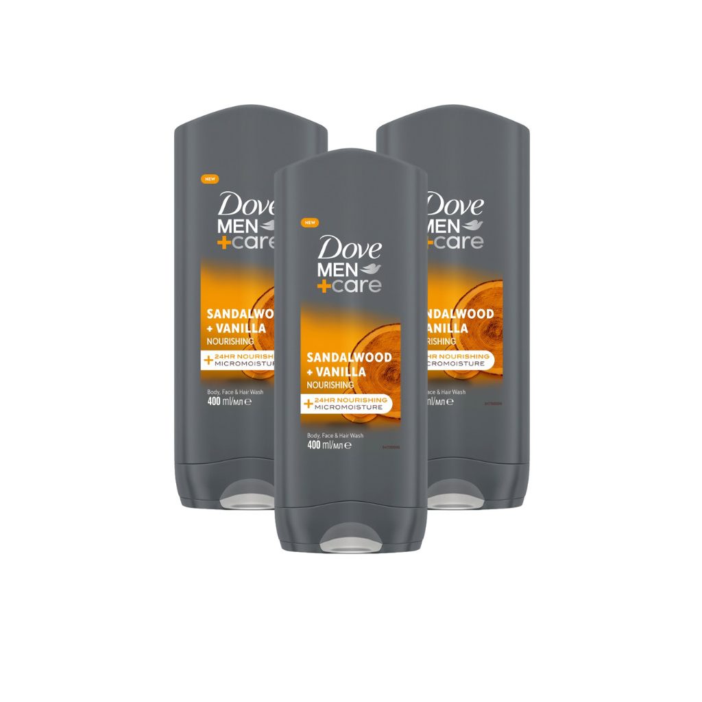 Dove Men+Care Sandalwood + Vanilla tusfürdő testre, arcra, hajra (3x400 ml)