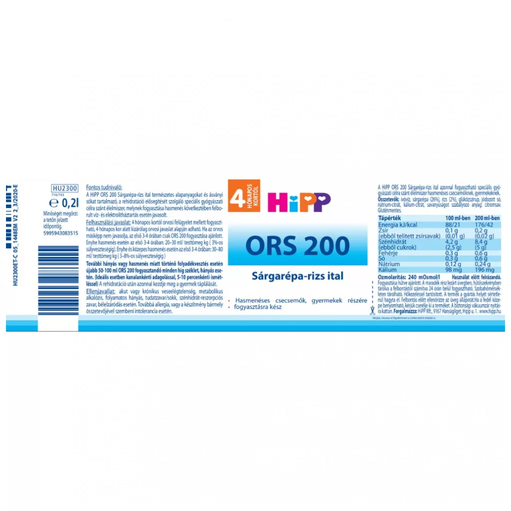 Hipp ORS sárgarépa-rizs ital hasmenéses babák kezelésére, 4 hó+ (6x200 ml)
