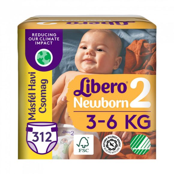 INGYENES SZÁLLÍTÁS - Libero Newborn 2 pelenka, 3-6 kg, MÁSFÉL HAVI PELENKACSOMAG 312 db