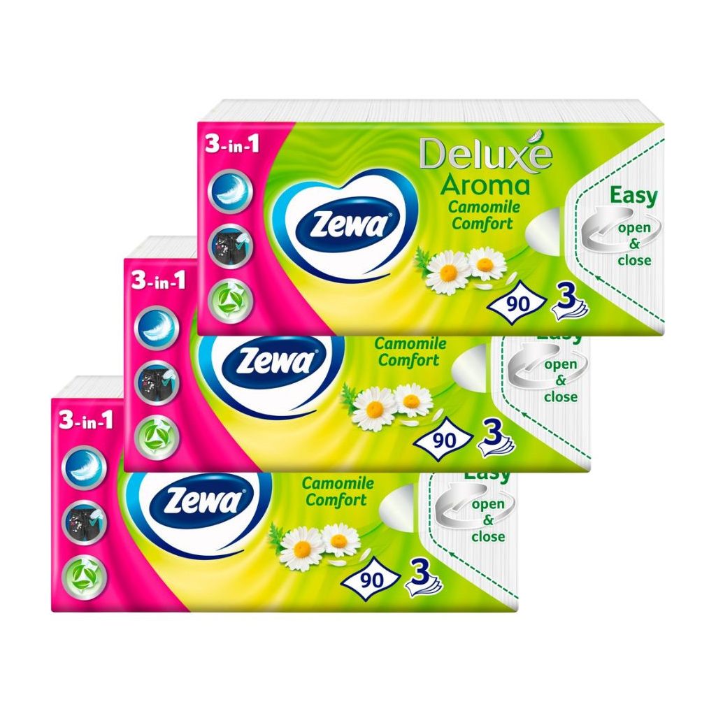 Zewa Deluxe Camomile Comfort 3 rétegű illatosított papírzsebkendő (3x90 db)