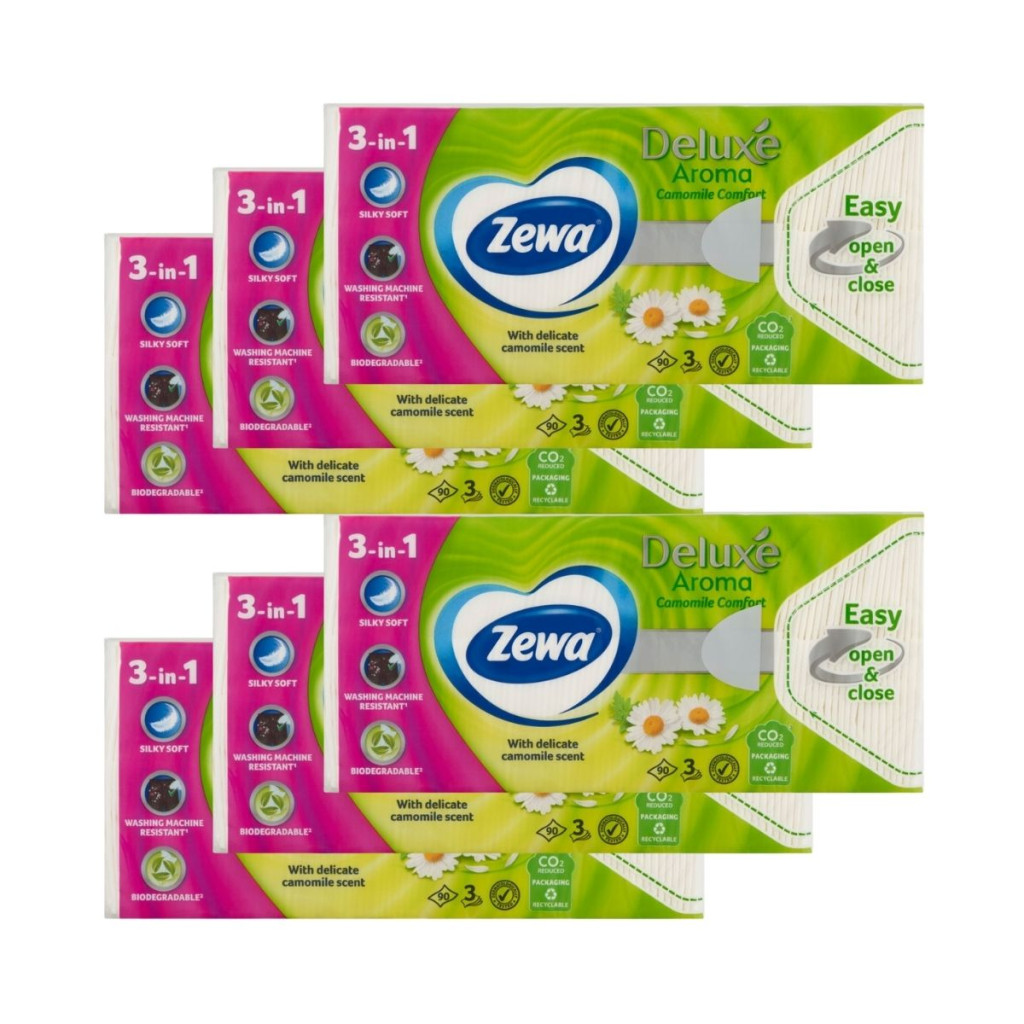 Zewa Deluxe Camomile Comfort 3 rétegű illatosított papírzsebkendő (6x90 db)