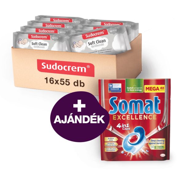 Sudocrem Soft Clean törlőkendő (16x55db) + ajándék Somat mosogatógép kapszula (48db)