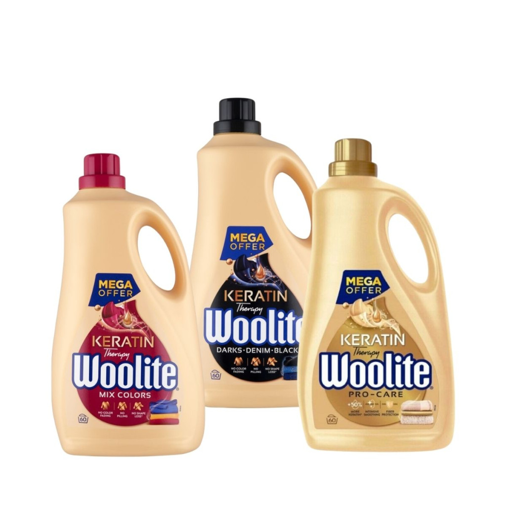 INGYENES SZÁLLÍTÁS - Woolite Keratin Therapy mosószer csomag színes, sötét és minden ruhatípushoz 3x3,6 liter (180 mosás)