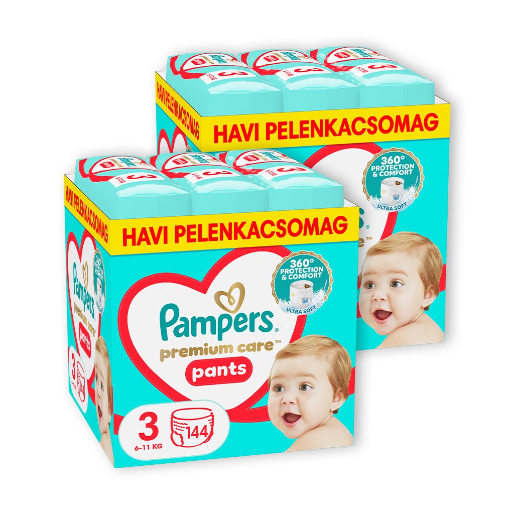 INGYENES SZÁLLÍTÁS - Pampers Premium Care Pants bugyipelenka 3, 6-11 kg HAVI PELENKACSOMAG 288 db + ajándék Harmonie törlőkendő