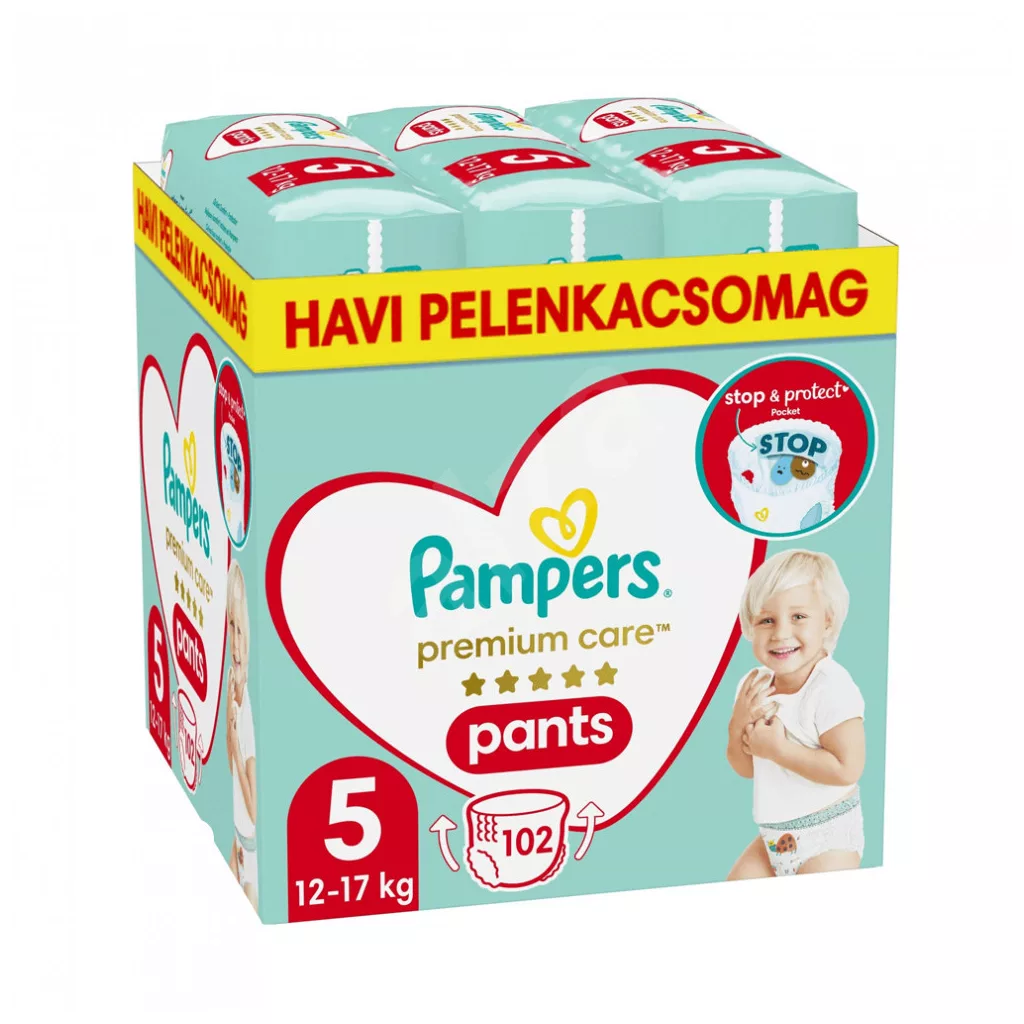 Pampers Premium Care Pants bugyipelenka 5, 12-17 kg, HAVI PELENKACSOMAG 102 db + Pampers Sensitive nedves törlőkendő