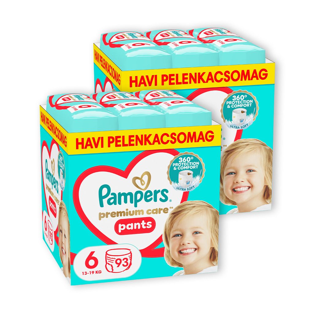 INGYENES SZÁLLÍTÁS - Pampers Premium Care Pants bugyipelenka 6, 13-19 kg HAVI PELENKACSOMAG 186 db + ajándék Harmonie törlőkendő