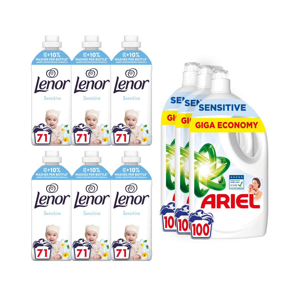 INGYENES SZÁLLÍTÁS - Ariel Sensitive Skin folyékony mosószer 3x4,5 liter (300 mosás) + Lenor Öblítő Sensitive skin 6x1491 ml (426 mosás)