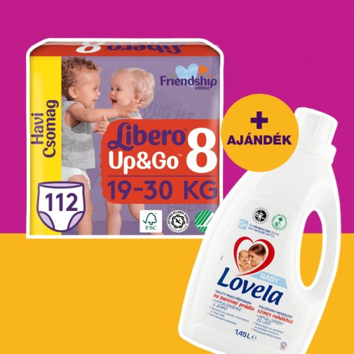 Libero UP&GO bugyipelenka 8, 19-30 kg, 112 db + AJÁNDÉK Lovela Baby folyékony mosószer színes ruhákhoz 1,45 liter
