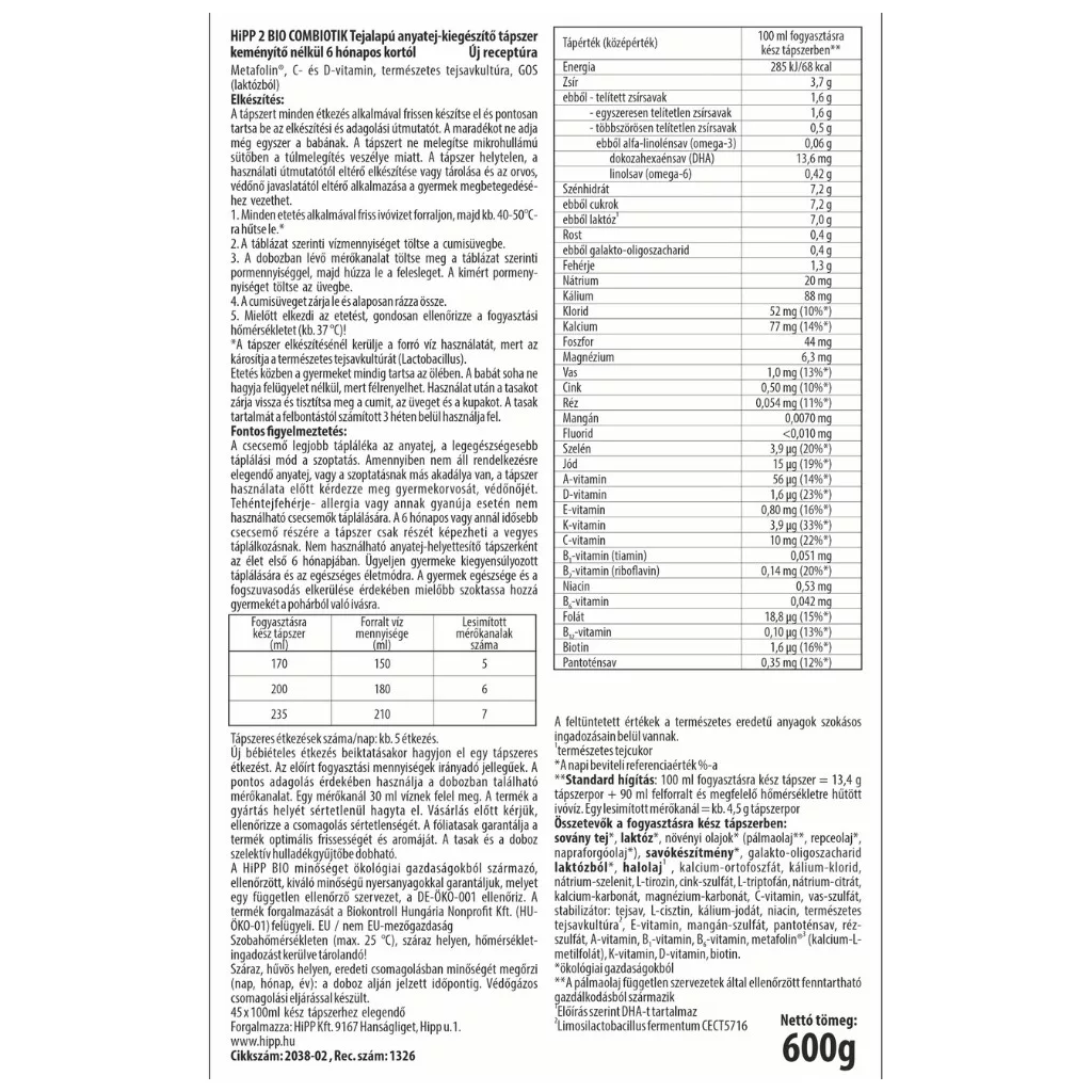 Hipp 2 BIO Combiotik tejalapú anyatej-kiegészítő tápszer keményítő nélkül 6 hó+ (4x600 g)