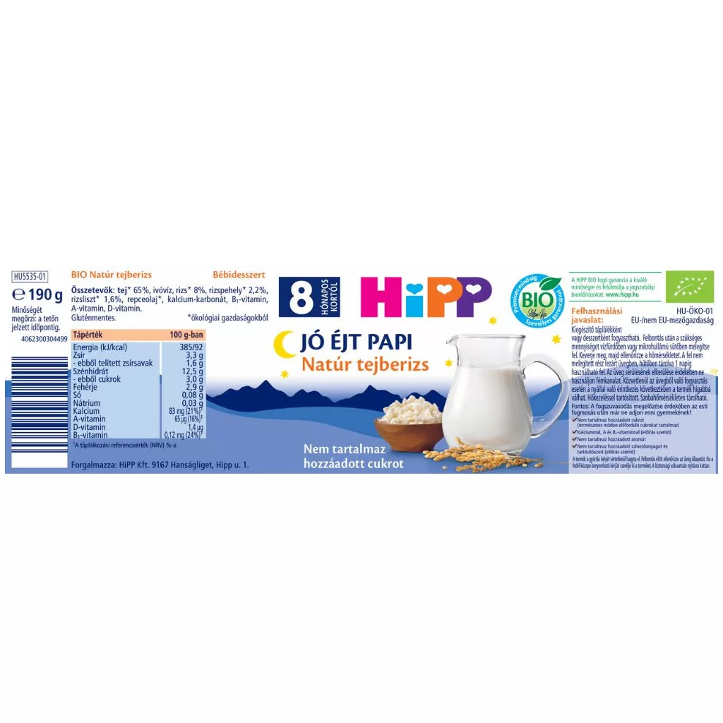 Hipp BIO jó éjt papi natúr tejberizs, 8 hó+ (6x190 g)