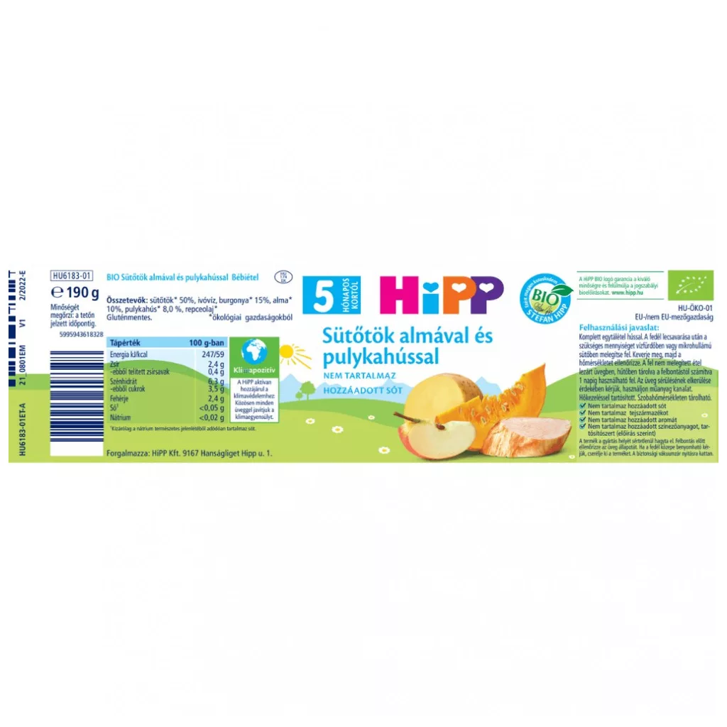 Hipp BIO sütőtök almával és pulykahússal, 5 hó+ (6x190 g)