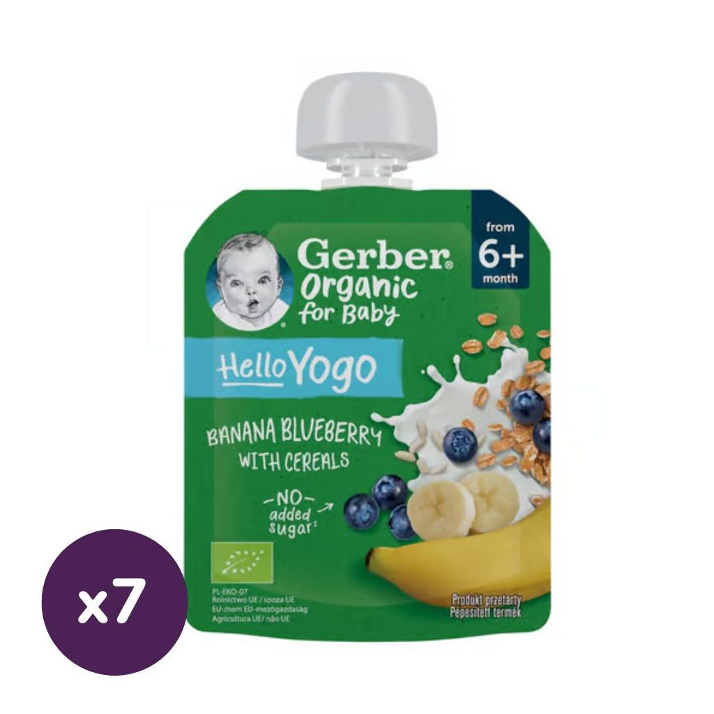 Gerber Organic bio gyümölcspüré banánnal, áfonyával, fermentált tejkészítménnyel és gabonával, 6 hónapos kortól (7x80 g)
