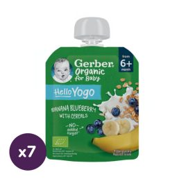  Gerber Organic bio gyümölcspüré banánnal, áfonyával, fermentált tejkészítménnyel és gabonával, 6 hónapos kortól (7x80 g)