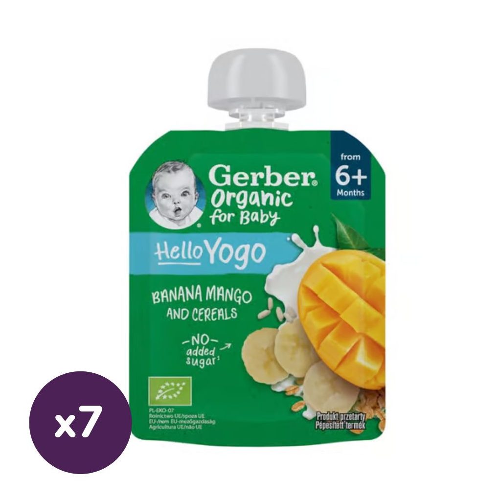Gerber Organic bio gyümölcspüré banánnal, mangóval, fermentált tejkészítménnyel és gabonával, 6 hónapos kortól (7x80 g)