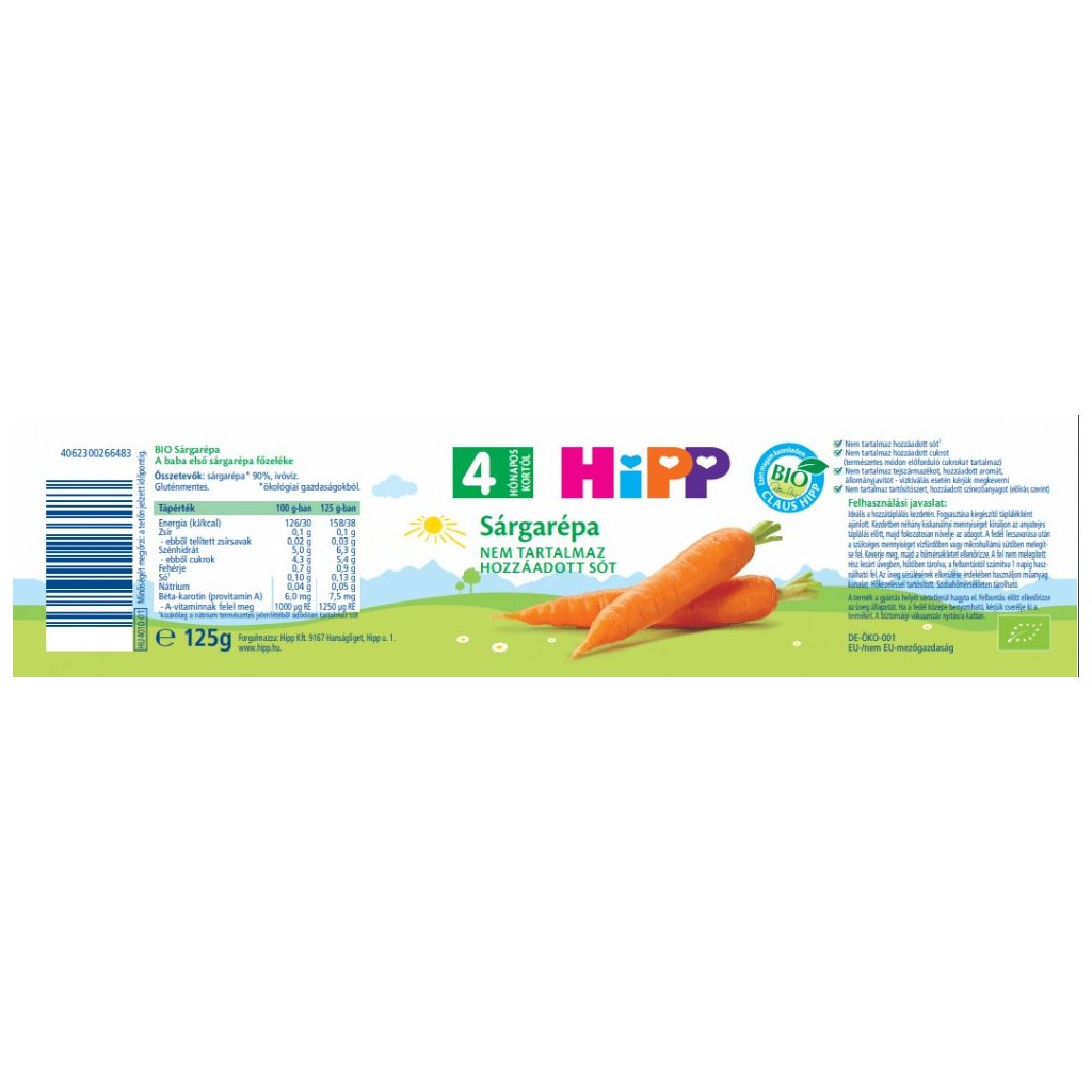 Hipp BIO sárgarépa főzelék, 4 hó+ (6x125 g)
