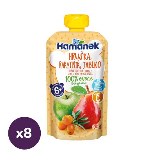 Hamánek tasakos gyümölcspüré alma-körte-homoktövis, 6 hó+ (8x100 g)