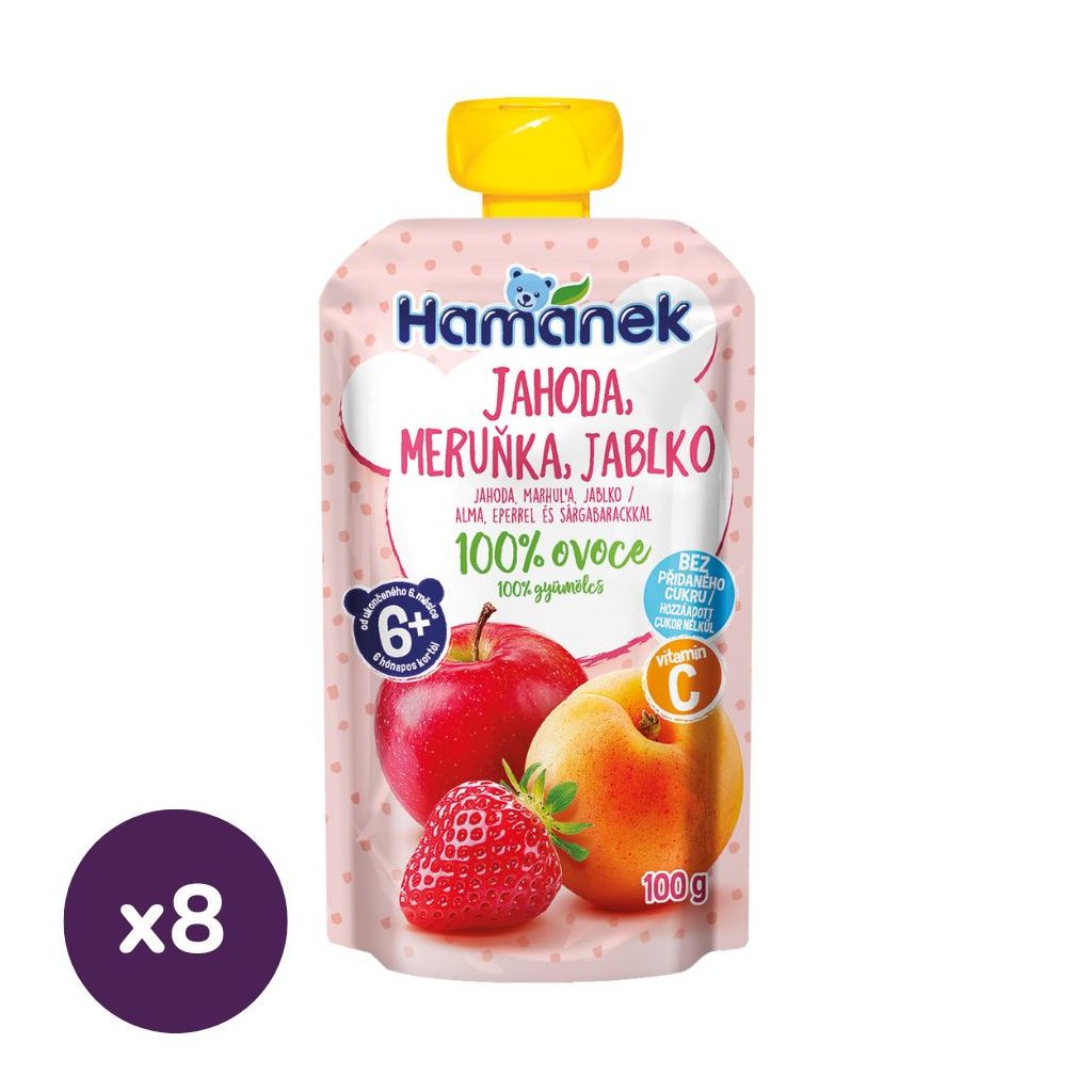 Hamánek tasakos gyümölcspüré alma-eper-sárgabarack, 6 hó+ (8x100 g)