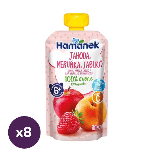 Hamánek tasakos gyümölcspüré alma-eper-sárgabarack, 6 hó+ (8x100 g)