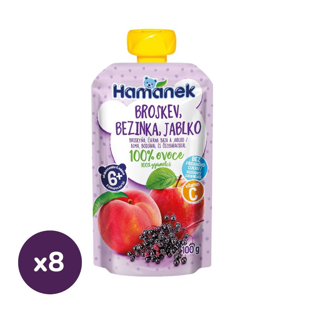Hamánek tasakos gyümölcspüré alma-bodza-őszibarack, 6 hó+ (8x100 g)