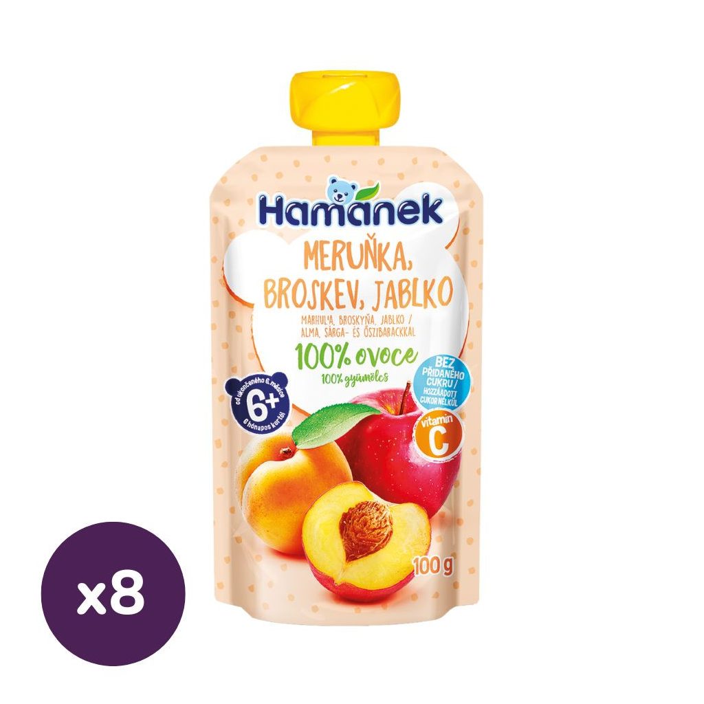 Hamánek tasakos gyümölcspüré alma-sárgabarack-őszibarack, 6 hó+ (8x100 g)
