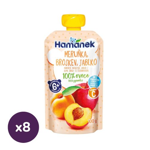 Hamánek tasakos gyümölcspüré alma-sárgabarack-őszibarack, 6 hó+ (8x100 g)